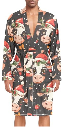 ZZXXB Herren-Nachtwäsche, Motiv: Milchkuh mit Weihnachtsmütze, leicht, langärmelig, Spa-Bademantel mit Taschen, M-XL