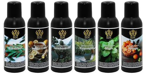 HAF® Saunaaufguss Konzentrat Set Frische Briese | 6 x 250 ml Saunaduft mit Eukalyptus, Ingwer Citro, Minze, Latschenkiefer, Lemongras, Orange | Saunaöl aus 100% natürlichen ätherischen Ölen