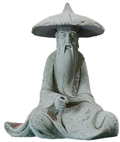 Sunicon Aquarium Fisherman Statue, Mini Sitting Fishing Figurine Asian Zen Decoration Sandstone Vintage Ornament Fish Tank Decor (L)