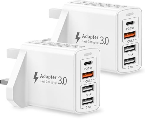 2 Pack USB C Plug Fast Charge, 40W 4-Port Multi USB Charger for iPhone 16 15 14 13 12 11 Pro Max XS XR 8, Samsung, iPad, PD Power Adapter+QC Wall Plug Multiport Mains Type C Charger