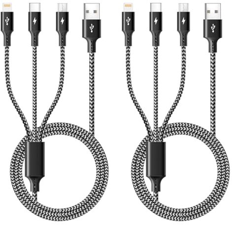 Cavo di ricarica multiplo 3 in 1 (confezione da 2 pezzi da 1,2 m), cavo di ricarica multi intrecciato, cavo USB universale con porta USB di tipo C/micro USB per telefoni cellulari, iPhone 16, 15, 14,
