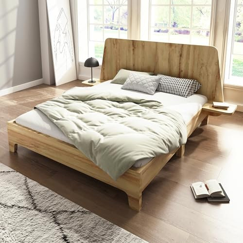 Bett 140x200 cm aus Massivholz, Massivholzbett Holzbett Bettgestell mit Kopfteil und Lattenrost, Doppelbett aus Eiche, Stauraum unter dem Bett, Schlafzimmermöbel, ohne Matratze (Eiche, 140×200 cm)