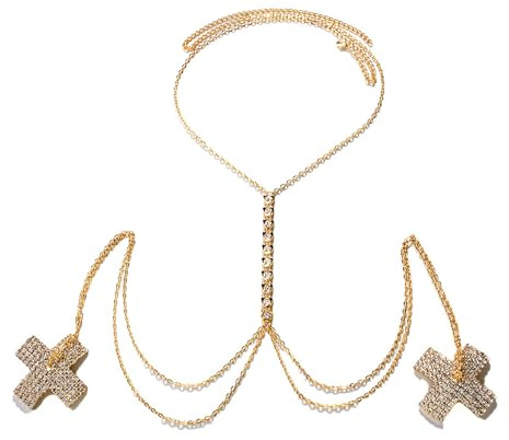 Cache-tétons en strass pour femme avec chaîne de poitrine, croix et autocollant en cristal, bijou de corps, soutien-gorge de festival