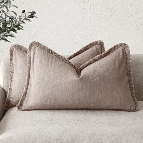 Foindtower, Set di 2 federe decorative in lino con frange per cuscino lombare, rustiche, con nappe, morbide, per divano, letto, soggiorno, decorazione per la casa, 30,5 x 50,8 cm, rosa antico