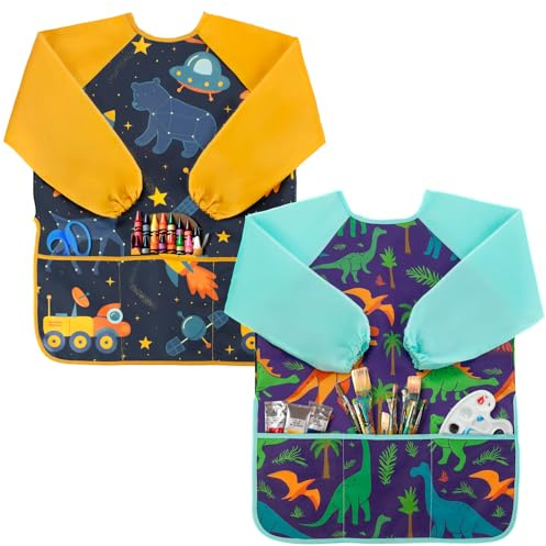 Oiomniv Kids Painting Smock for Ages 3-8 – Waterproof Art Apron with Long Sleeves & 3 Pockets, Toddler Craft Smock for Painting Baking DIY, Washable Preschool Art Supplies Gift for Boys Girls
