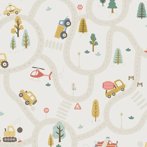 Holden Storybook 14080 Tapete, Motiv: Roundabout Road Fun Fahrzeug und Verkehr, mit Autos, LKWs, Hubschraubern, Baggern für ein verspieltes Jungenzimmer, cremefarben/mehrfarbig