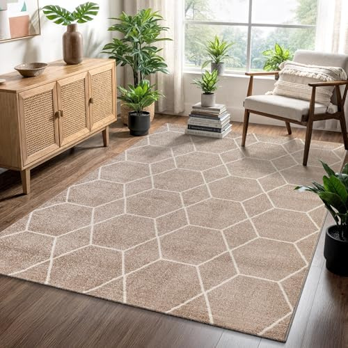 SANAT Wohnzimmerteppich – Pflegeleicht, für jeden Raum geeignet – Öko-Tex zertifizierter Flächenteppich – Trellis Muster, Beige, 240 x 340 cm