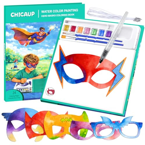 Paint with Water Coloring Books for Kids, 24 Pcs Paper Mache Masks Half Face, Hero Mask Painting Book, Mess Free Watercolor Painting Kit, Painting Activity for Boy Gift Ages 3-5 4-8 for Birthday Party Halloween Christmas