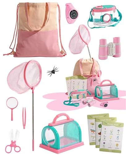 ROBOTIME Entdecker Kit Kinder, 12-teiliges Insektenfänger-Set Rosa | Pink Mit Kinderfernglas, Schmetterlingsnetz, Insektenbox, Lupe, Kompassuhr und Tragetasche, für Kinder ab 3 Jahren