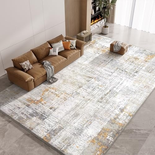 Vamcheer Waschbar Teppich Wohnzimmer, 10MM Eingedickter Schwamm 300X400 cm | Flauschiger Teppich, Rutschfest, Extra Weich, Modernes Design, für Wohnzimmer, Schlafzimmer, Arbeitszimmer,Gelb/Hellgrau