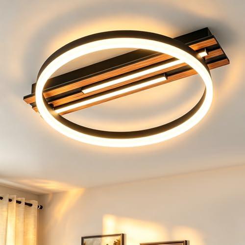 FORCOSO LED Deckenleuchte für Schlafzimmer, 48x40cm schwebender Ring | mit Holzmaserung und zwei LED-Lichtleisten, 16W 4000K Neutralweiß, Energieklasse B, Ideal für Flur, Korridor, Treppenhaus