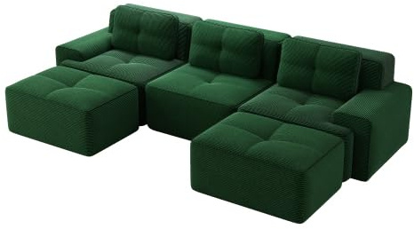 vutizal U-Form Großes Sofa 3-Sitzer mit Doppel-Ottomane, Grün Cord – Modulares Cloud-Sofa Set, Montagefrei, Haustierfreundlich, für soziale Lounge (Breite 293 cm, Tiefe 177 cm)