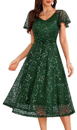 AOCZZ Pailletten Abendkleider Elegant für Hochzeit Midi Cocktailkleid Sommer Damen Kleider für Party Konfirmation