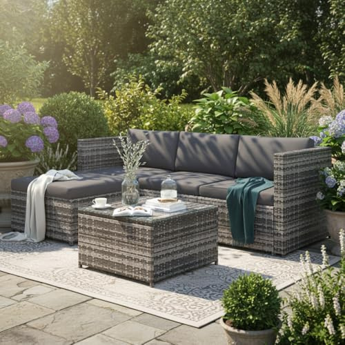 IKERY Garden Corner Sofa rattan Garden Furniture Patio Set Backyard Entertaining Set Terrace Rattan Furniture Lounge,Grey