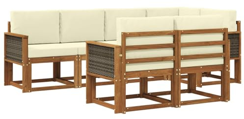 vidaXL Outdoor-Sofagarnitur mit Kissen 7 pcs Natur und Creme Polyester, Stylisches Outdoor-Sofa-Set, Moderne Gartenmöbel, wetterfestes Akazienholz, modulares Sitzen für Terrasse und Lounge