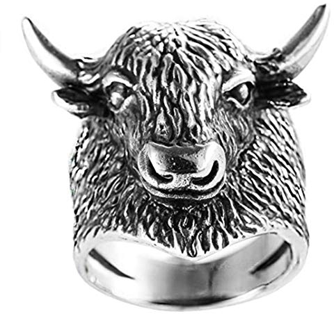 PAURO Herren Stier Stier Kopf Biker Ring Silber Schwarz Jahrgang Edelstahl Tier Schmuck Größe 57