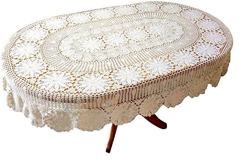 USTIDE Vintage Oval Crochet Tischdecke Beige Baumwolle Spitze Tischdecke Rustikal Oval Tisch Overaly für Hochzeit/Party, 149,9 x 209,8 cm
