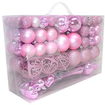 Geschenkestadl 101 Stück Christbaumschmuck Kugeln und Baumspitze 100 Metallhaken, Rosa, Ø 3 cm, Ø 6 cm, Ø 4 cm