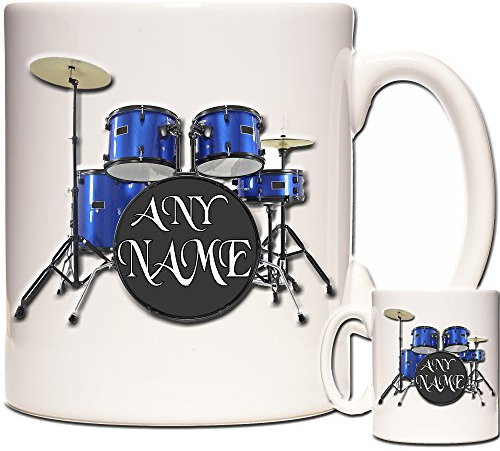 YOUR NAME HERE DRUM MUG, Personalised Drum Kit Drummer Music Rock Band Novelty Gift Mug, ceramic gift mug for drummers everywhere. Blue Drum Kit Mug