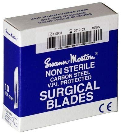 Genuine Swann Morton Non-Sterile Blue Box Scalpel Blades CE # 6, 9, 10, 11, 12, 12d, 13, 14, 15, 15A, 15C, 15T, D/15, 16, 18, 19, 20, 21, 22, 22A, 23, 25, 25A, 27 (No.E/11)