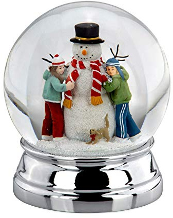 Schneekugel Schneemann Ø 10 cm - große Glas Schüttelkugel mit Buntem Motiv von Mädchen & Jungen und versilbertem Metallfuß - Christmas Traumkugel als Winter- & Weihnachtsdeko oder Geschenkidee