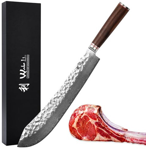 Wakoli Nussbaum Damastmesser Blockmesser extra I 35 cm Klinge aus 67 Lagen I Damast Küchenmesser und Profi Kochmesser aus echtem Damaststahl mit Hammerschlag & Nussbaumgriff