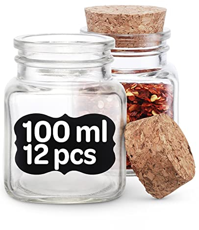 Praknu Gewürzgläser Eckig mit Korken 100ml - 12er Set mit Etiketten - Luftdicht - Kleine Gläser mit Deckel