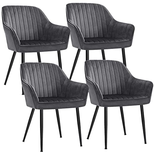 SONGMICS Chaise Salle à Manger, Lot de 4, Chaise de Cuisine, Fauteuil en Velours, Rembourrée, avec Accoudoirs, Charge Max. 120 kg, Pieds en Métal, pour Salle à Manger, Gris et Noir d'Encre LDC087G01-4