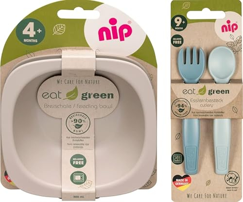 NIP bio öko Geschirrset BOYS ab 9. Monat, 2 Breischale + Eat Green öko bio Esslernbesteck, made in Germany; geeignet für die Mikrowelle, Melamin frei, BPA frei, Spülmaschinenfest