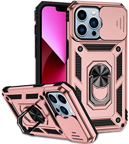 Hitaoyou iPhone 13 Case with Camera Cover & Kickstand - Military Grade Shockproof, Heavy Duty Protective Case with Magnetic Car Mount Holder for iPhone 13rosegold