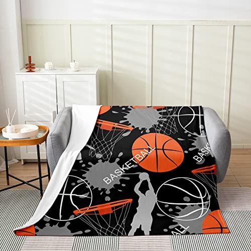Jungen-Basketball-Fleece-Decke Ganzjährig Grunge-Aquarell-Überwurf für Kinder, Mädchen, Teenager - Graffiti-Basketballspieler Silhouette Flanell Geometrisches Ballspiel Fuzzy 150 x 200