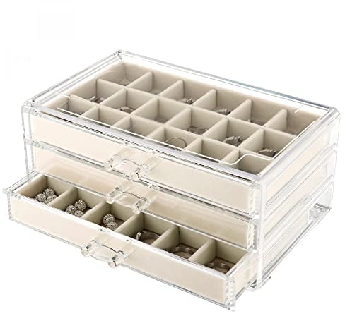 Milky Way Acrylic Jewelry Box for Women, 3 Drawers Velvet Clear Jewellery Organizer for Ring Earring Necklace Bracelet Holder Storage Display Case Gift (Beige)