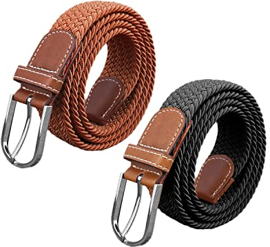 YSDYY 2 Stück gewebte Unisex-Gürtel, stilvoller, einfacher, elastischer Bund, verstellbarer, porenfreier Gürtel, bequem und atmungsaktiv, mit silberfarbener Schnalle (Schwarz, Braun)