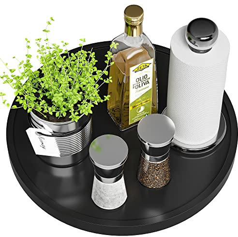 VeyFey Lazy Susan for Table, 12 Inch Non-Skid Bamboo Turntable Organizer for Salt Pepper Spices and Olive Oil Next to Stove, Wooden Lazy Susan Organizer for Kitchen Countertop Organizer Black