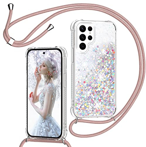 Handyband für Samsung Galaxy S23 Ultra Hülle mit Band, Glitzer Treibsand Handyhülle mit Kordel zum Umhängen Transparent Stoßfest Schutzhülle mit Kette Schnur, Quicksand Necklace Case in Roségold
