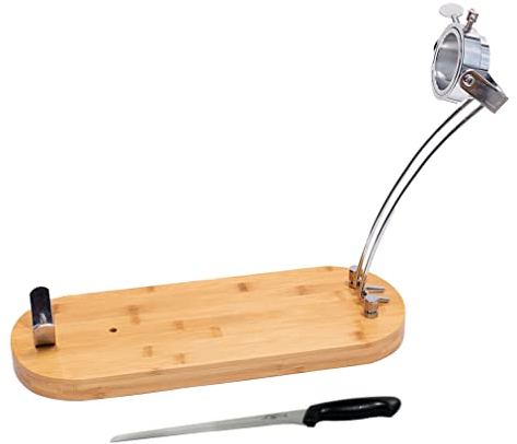 Fackelmann Set Jamonero Giratorio y Plegable de Madera de Bambú 48x19 cm, Juego Jamonero y Cuchillo, incluye Cuchillo Jamonero Nirosta Elegant 34 cm en Acero Inoxidable…