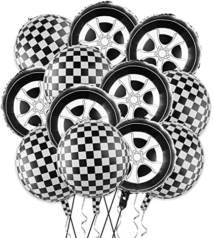 12 Pieces Black and White Checkered Balloons, Race Car Wheel Tire Aluminum Foil Flag for Racing Theme Birthday Party Decoration Supplies 18 Inch