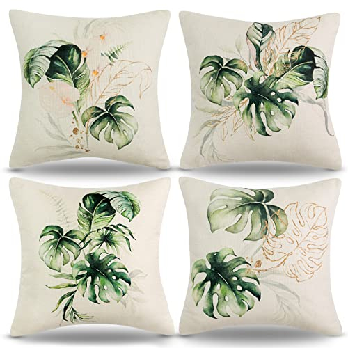 CozyFounder 4Er Set Kissenbezug 40X40 Dekorative Kissenhülle Grüne Pflanze Zierkissenbezüge Blätter Landhausstil Outdoor Kissenhuellen Für Sofa Schlafzimmer Wohnzimmer Auto Zuhause Dekor