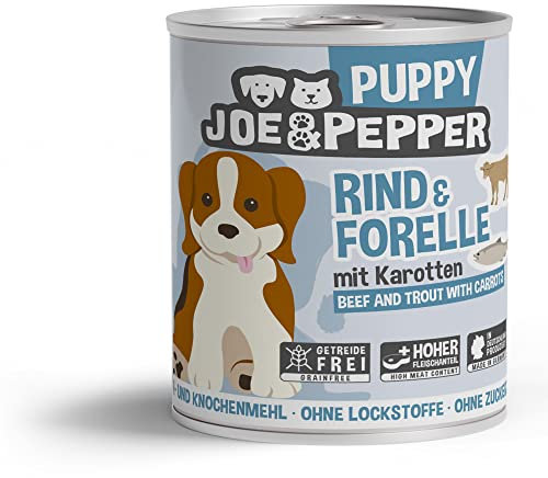 Joe&Pepper Junior 6 x 800g Rind & Forelle m. Kartoffeln | Hochwertiges Welpen-Nassfutter | Getreidefrei, mit viel Fleisch & gesunden Nährstoffen
