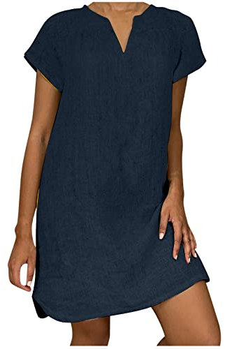 Susenstone Robe Ete Femme Cotton en Line Mi Longue Femmes T-Shirt de Travail Chic et Elegant Décontractée Couleur Unie Manche Courte Jupe Chemise Maxi Robes Soie Bleu Foncé 5XL