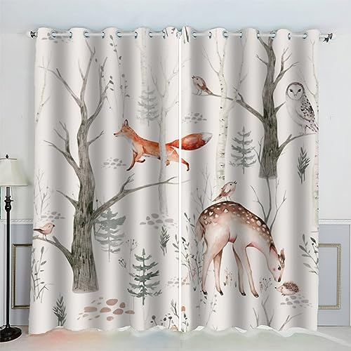 AKATIE Eule Igel Vorhänge Blickdicht mit Ösen 2er Set Kindervorhänge 3D Gedruckt Waldtiere Gardinen Modern Home Dekoration (183x214 cm)