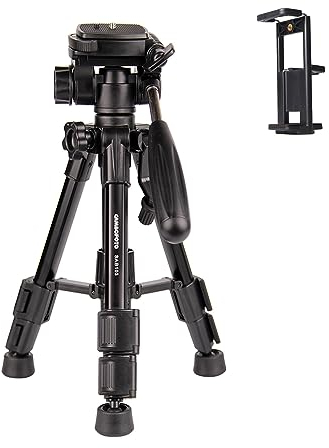 CAMBOFOTO Mini Treppiede da Viaggio 62cm Leggero, Treppiede Portatile per Smartphone/Fotocamera con Clip iPad, Testa a Sfera 360°, 3 Sezioni Regolabili, Supporto fino a 2kg - Per Vlog, Viaggi
