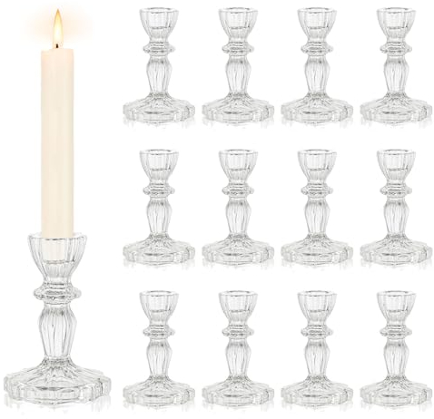 Inweder Glas Kerzenständer Vintage Kerzenhalter Stabkerze: 12 Stück Klar Stabkerzenhalter Kristall Kerzenständer Stabkerzen für Hochzeit Weihnachten Geschenk oder Heimdekoration