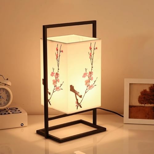 RIAMTGCX lámpara de noche para dormitorio japonés, lámpara escritorio Industrial con marco Metal negro, lámpara mesa con pantalla de tela cuadrada dormitorio (interruptor de botón, flor de ciruelo)