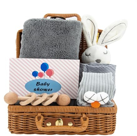 Neugeborenes Baby-Geschenkset 7 in 1 mit Badetuch, beruhigendes Handtuch, Lätzchen, Rassel, Socken, Grußkarte und Weidenkorb, für Jungen und Mädchen, Geschenk zur Geburt, Babyparty, Weihnachten, Grau