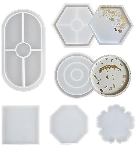 MIYUANGKJ 6 stk Silikonform Tablett Untersetzer DIY Untersetzer Silikonform Rund Quadrat Hexagon Silikonformen Teller Epoxidharz Formen für Resin Art