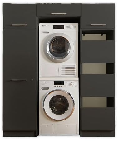 Laundreezy Waschmaschinenschrank für Trockner und Waschmaschine, Wäscheschrank, Mehrzweckschrank und 2X Schrankaufsatz, Anthrazit - 167,5 x 200 x 67,5 cm (B/H/T)