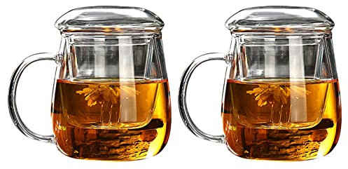 Jowsst 2 tazas de té de 380 ml con filtro de tapa, tazas de café, servicio de té, tazas de oficina, vasos transparentes, vasos de cristal, vasos chinos