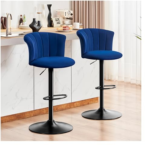 STOOLINK Barhocker Höhenverstellbar Barstuhl 2er Set Seidensamtstoff, Bar Stühle mit Lehne Barstuhl 360° Drehbar, Designer Tresenhocker, Belastbar 150kg Barhocker Verstellbarer 64-85cm-Blau