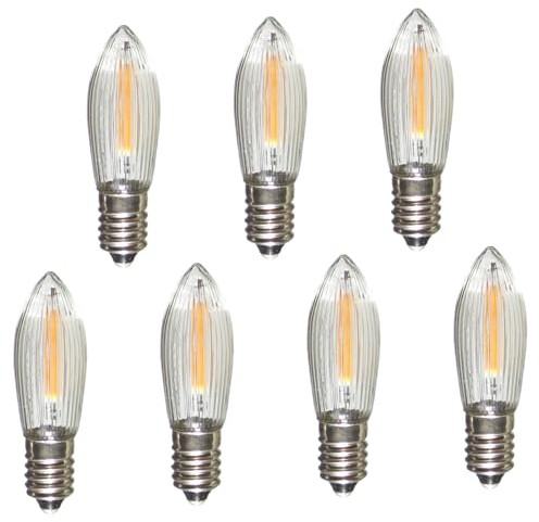 Erzgebirgslicht - AUSWAHL - 7 Stück LED Filament Topkerze 34 V 0,2 W für INNEN, für 7 Brennstellen E10 Riffelkerze Ersatzbirne Glühbirne Glühlämpchen für Lichterketten Pyramide Schwibbogen